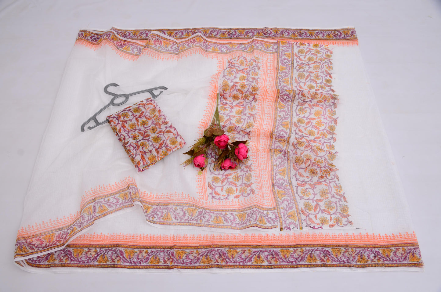 Hand block Printed Saree with Running Blouse White