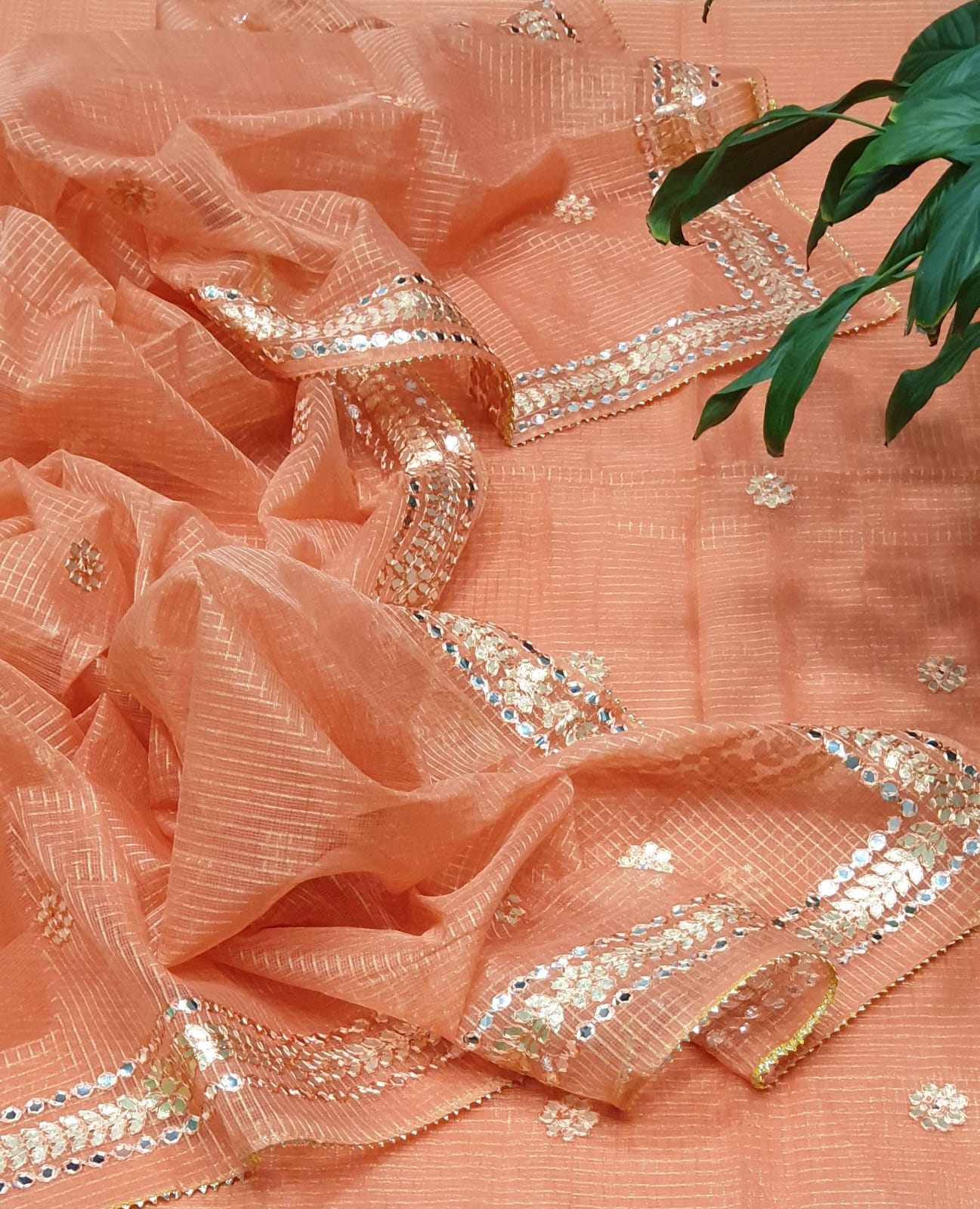 Mirror-Work 3-Piece Unstitched Suit Peach