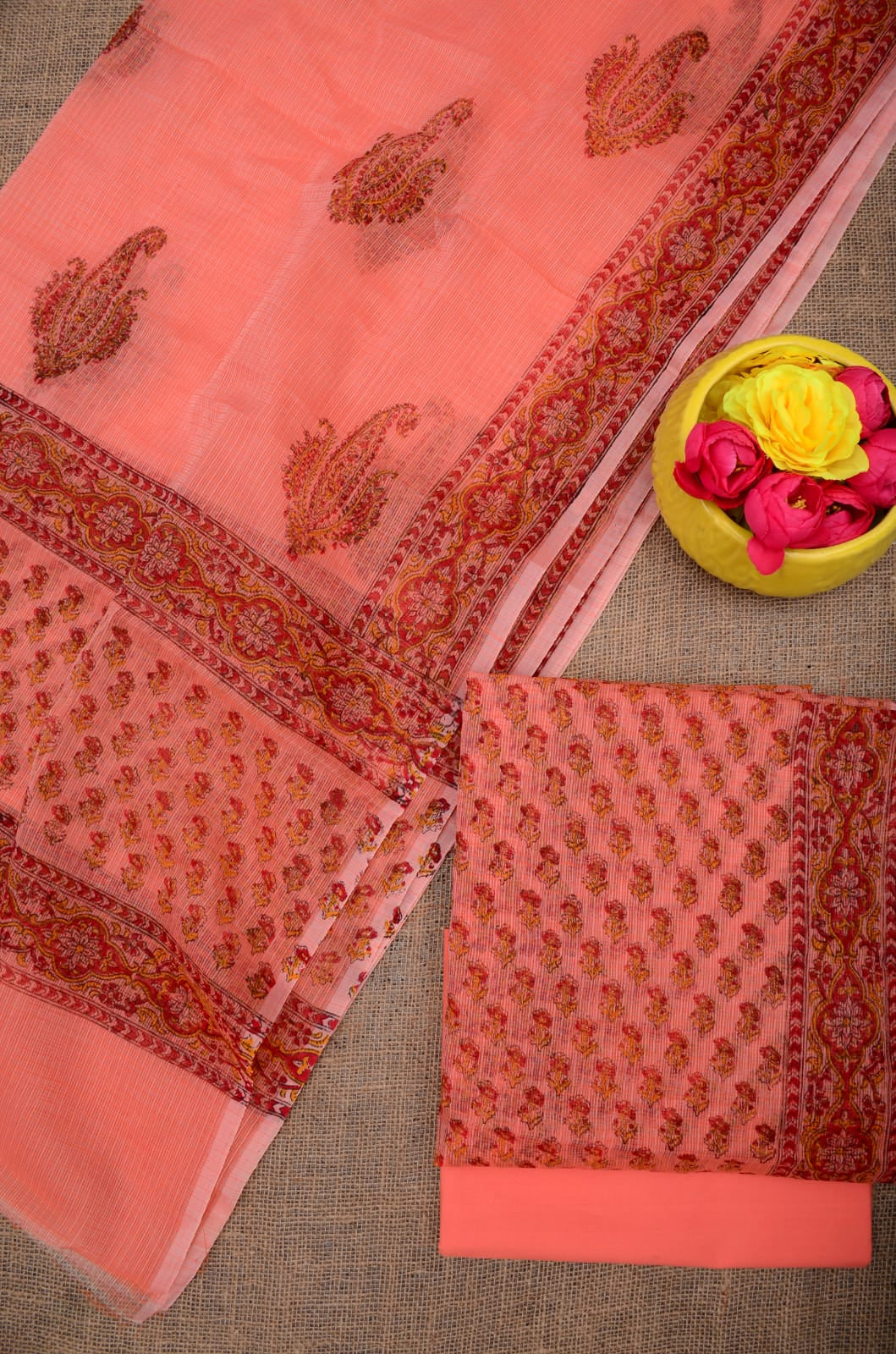 Classic Hand block Printed Paisley Suit Pink