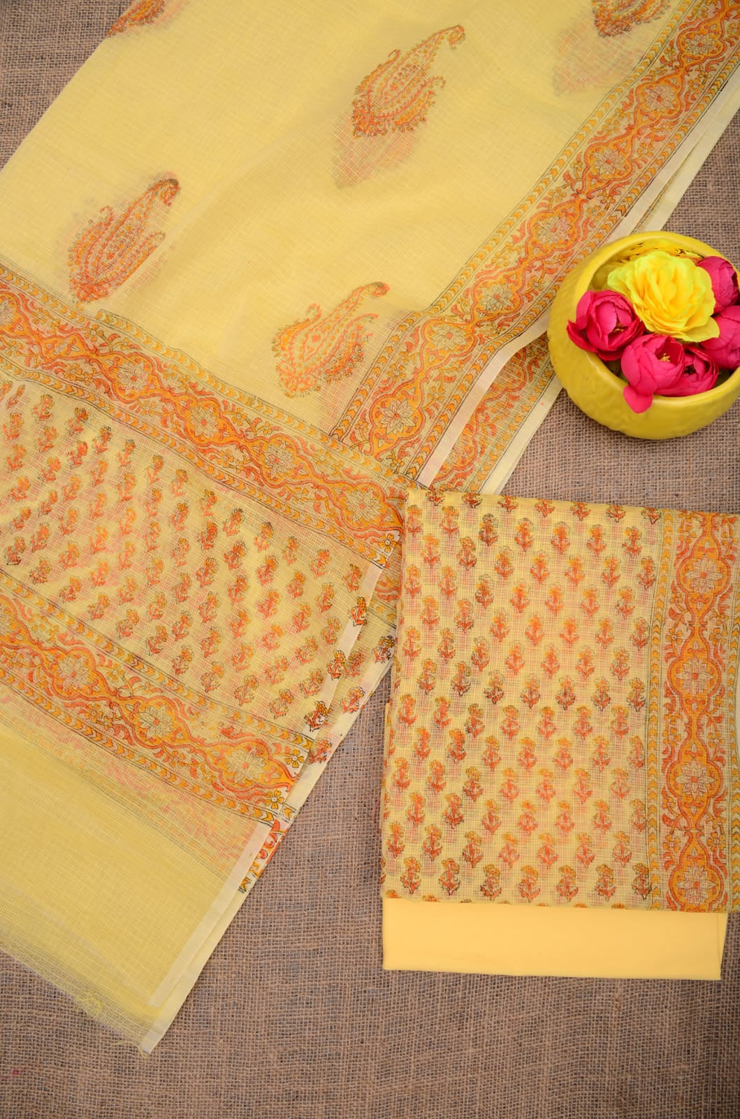 Classic Hand block Printed Paisley Suit yellow