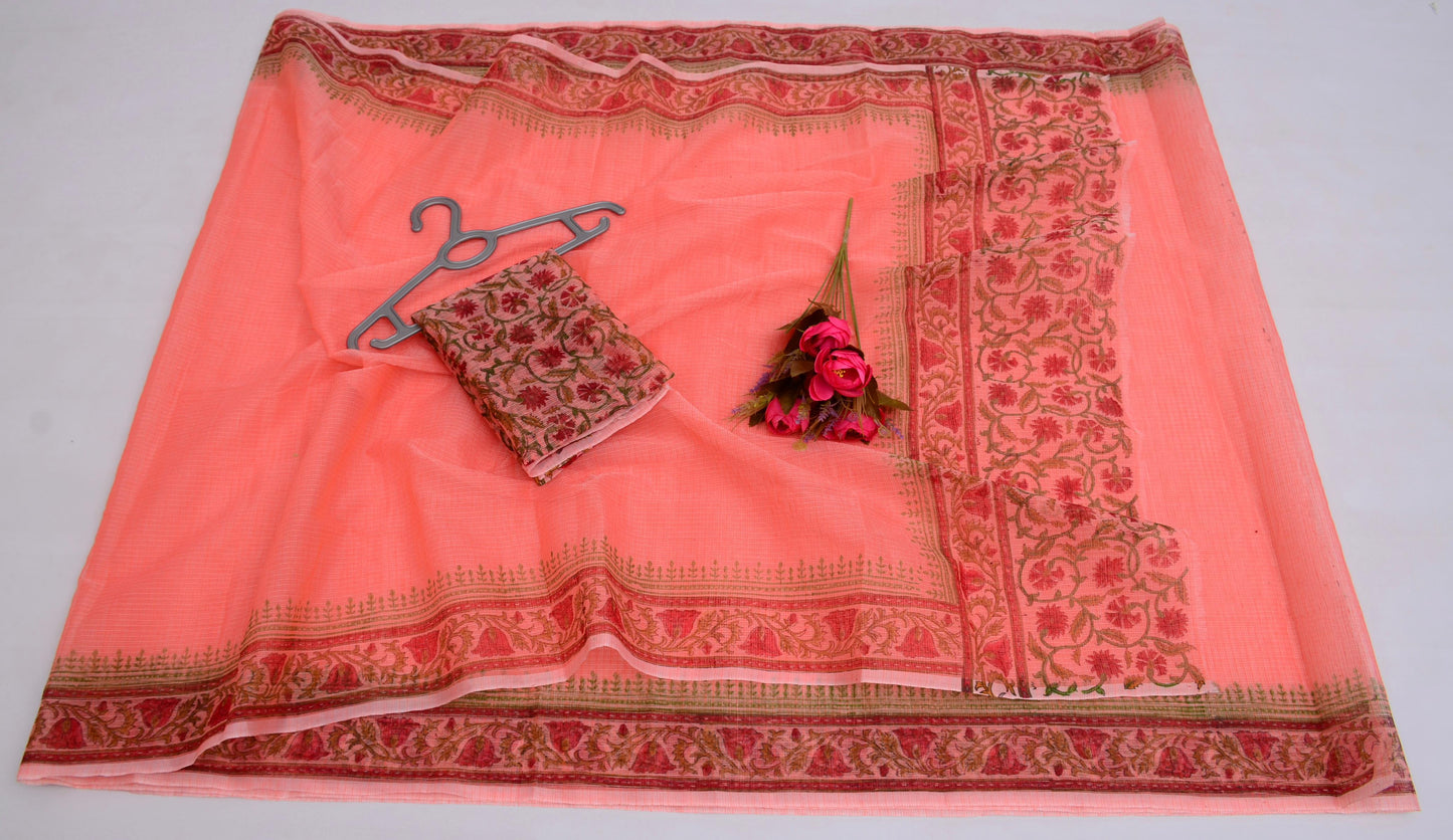 Hand block Printed Saree with Running Blouse Rose Pink