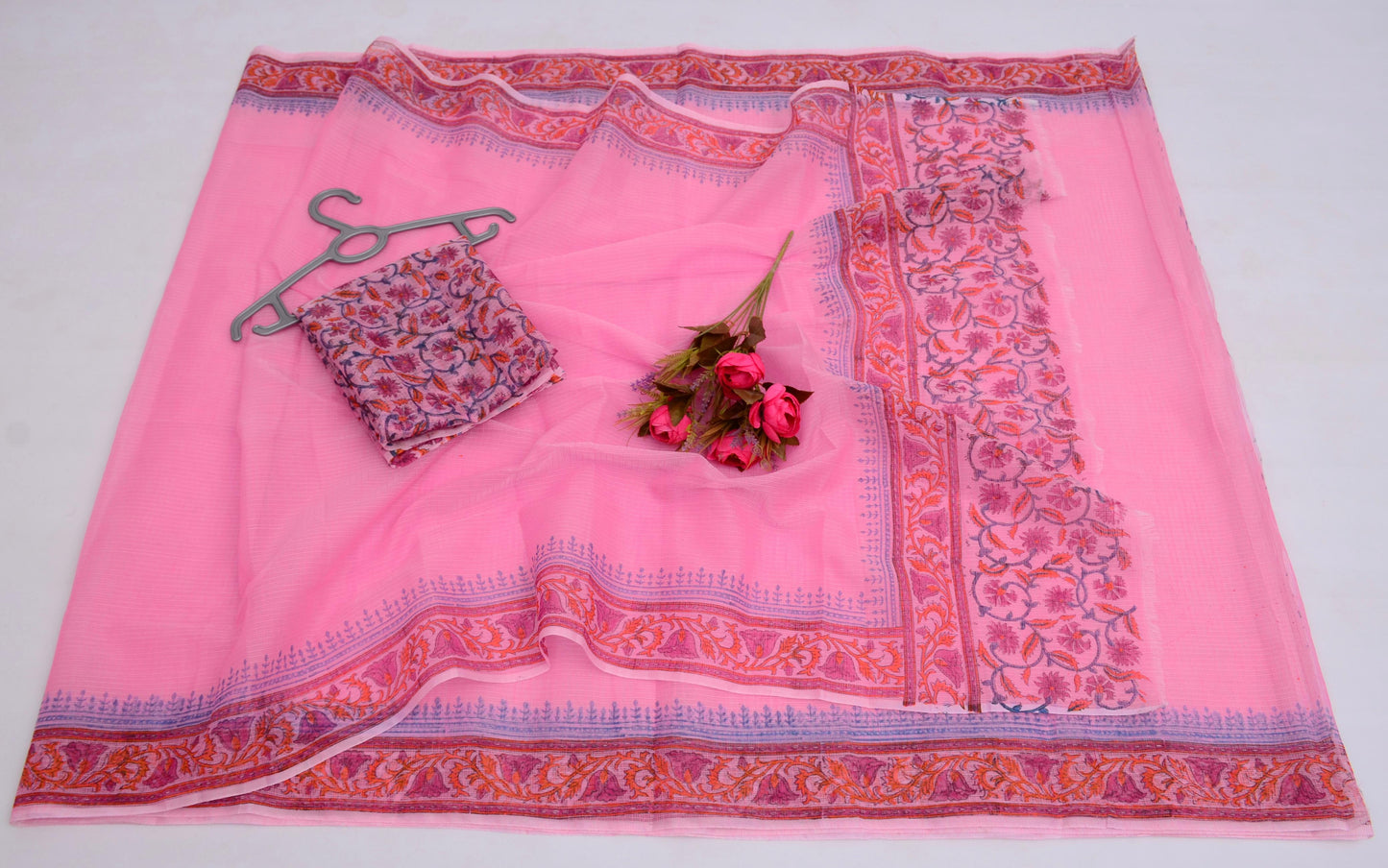 Hand block Printed Saree with Running Blouse Pink