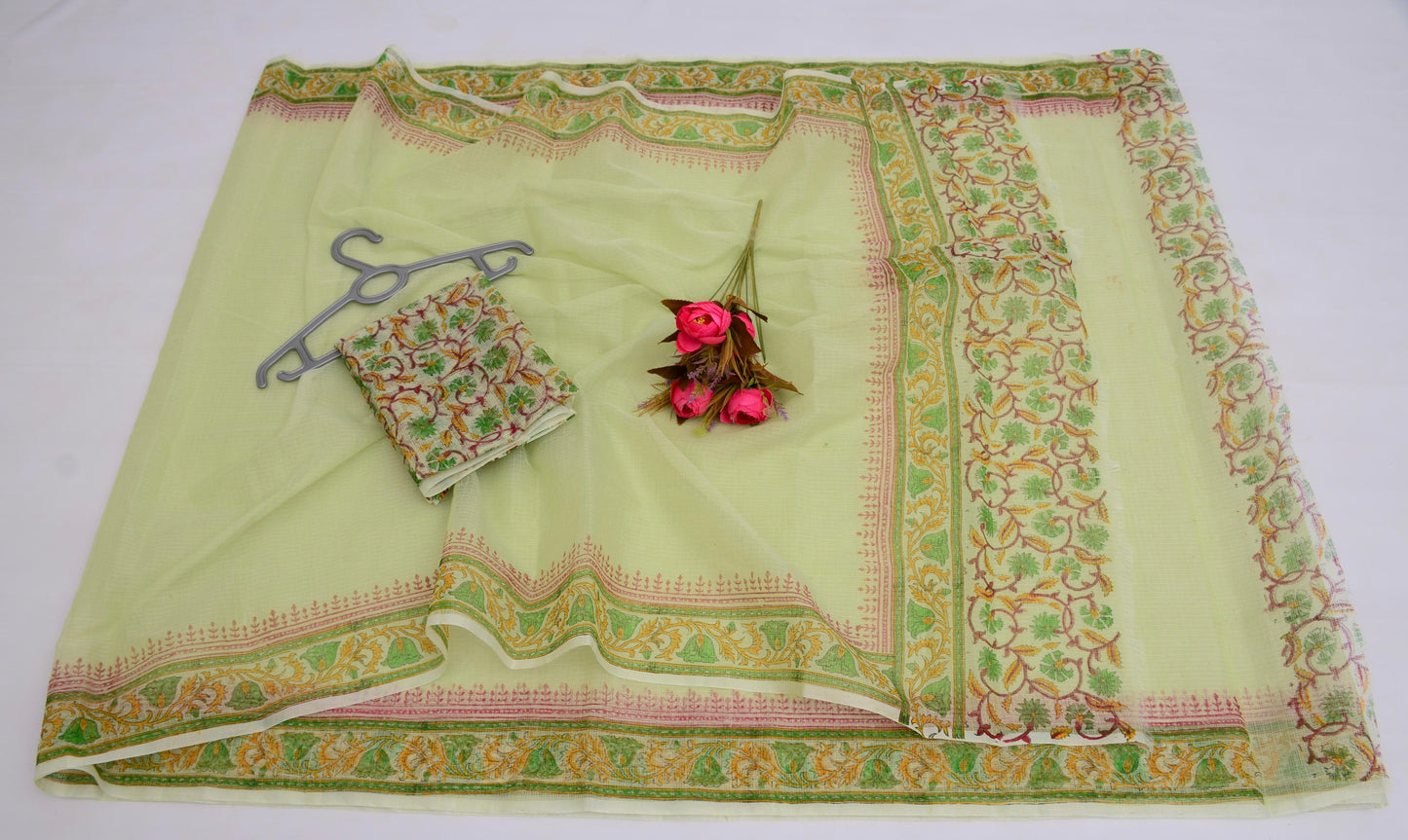 Hand block Printed Saree with Running Blouse Green