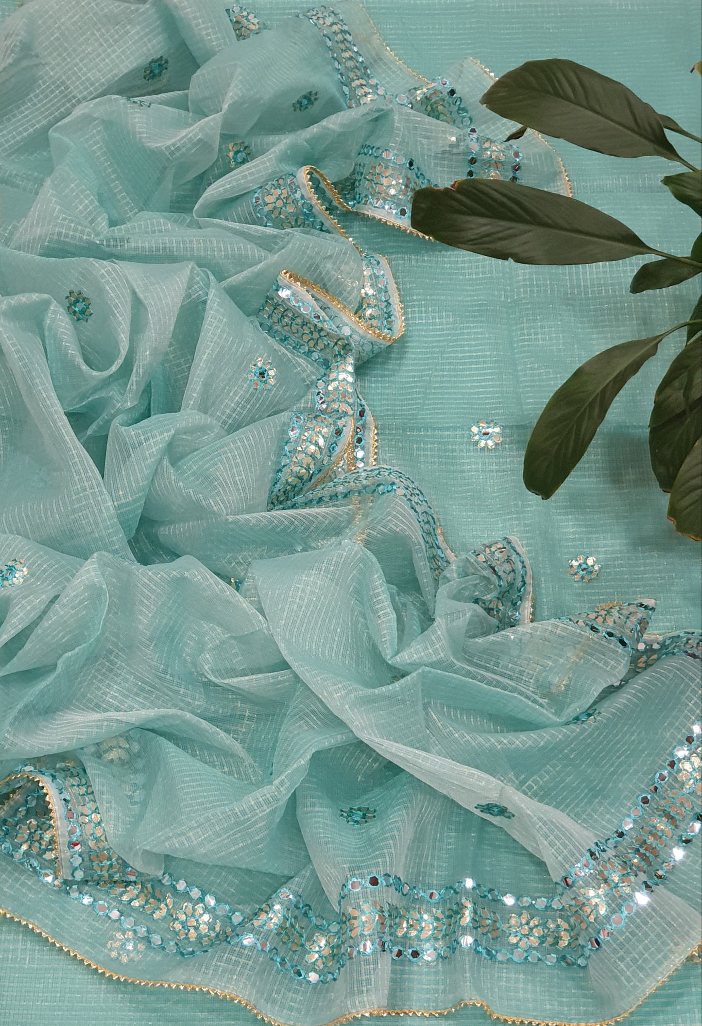 Mirror-Work 3-Piece Unstitched Suit Teal Blue