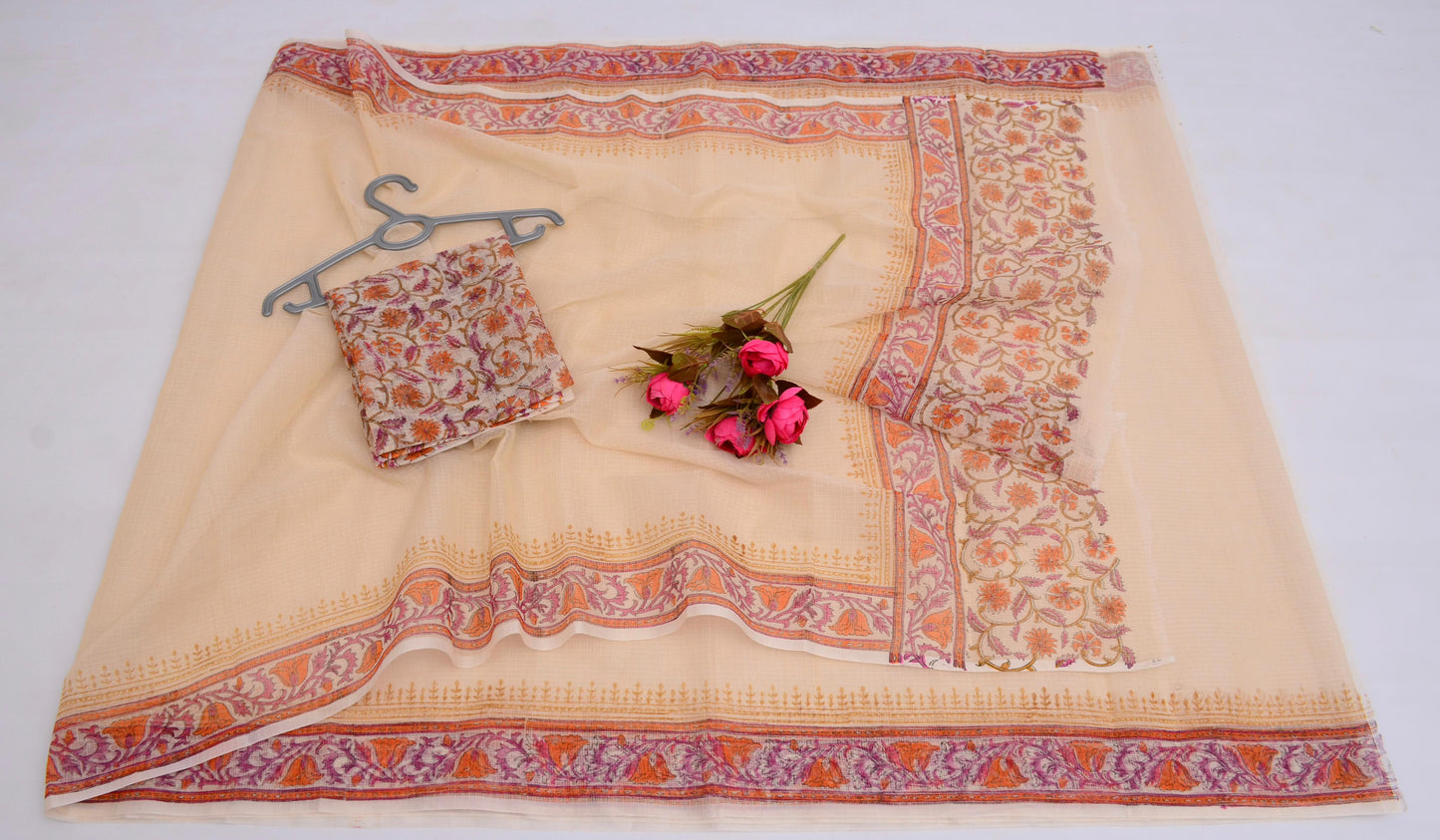 Hand block Printed Saree with Running Blouse beige