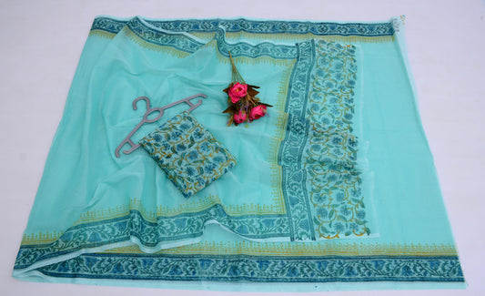 Hand block Printed Saree with Running Blouse (6 color variants)