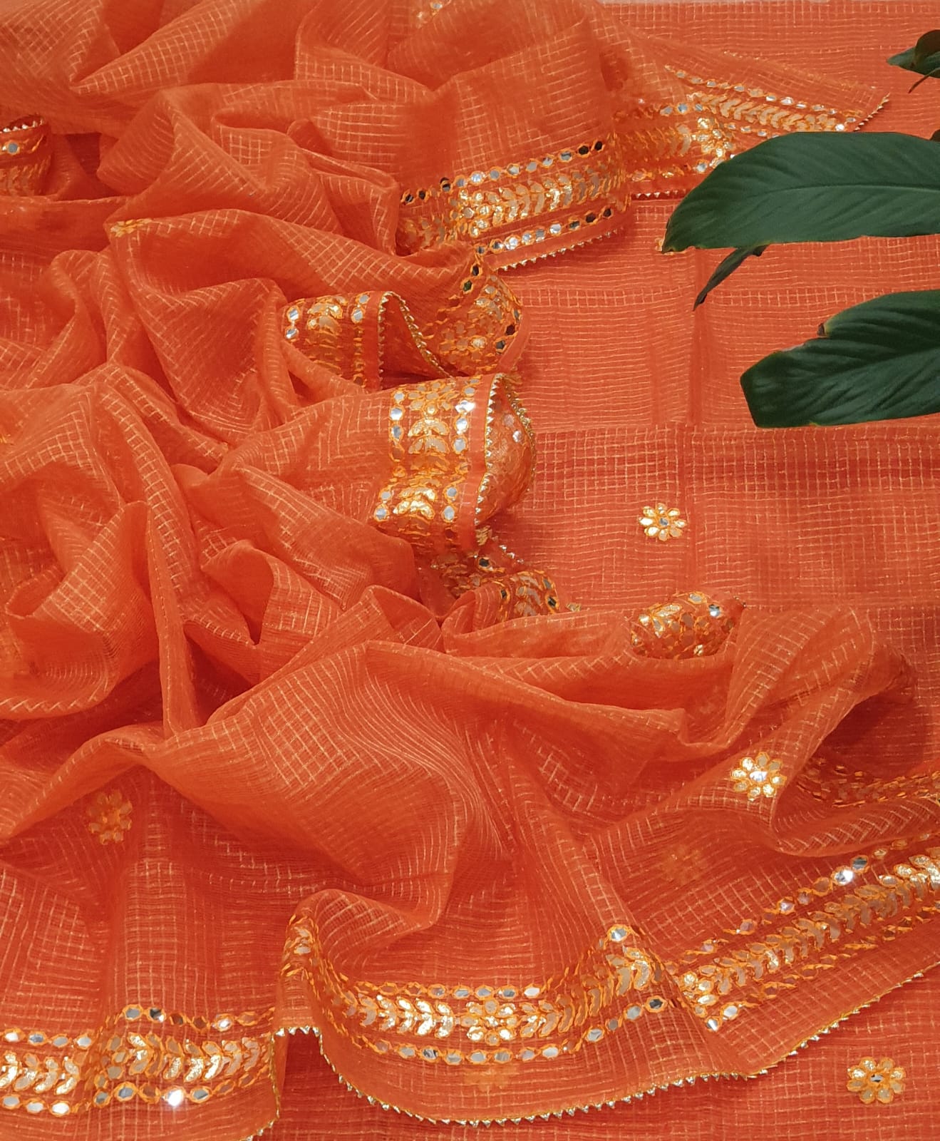 Mirror-Work 3-Piece Unstitched Suit Vibrant Orange