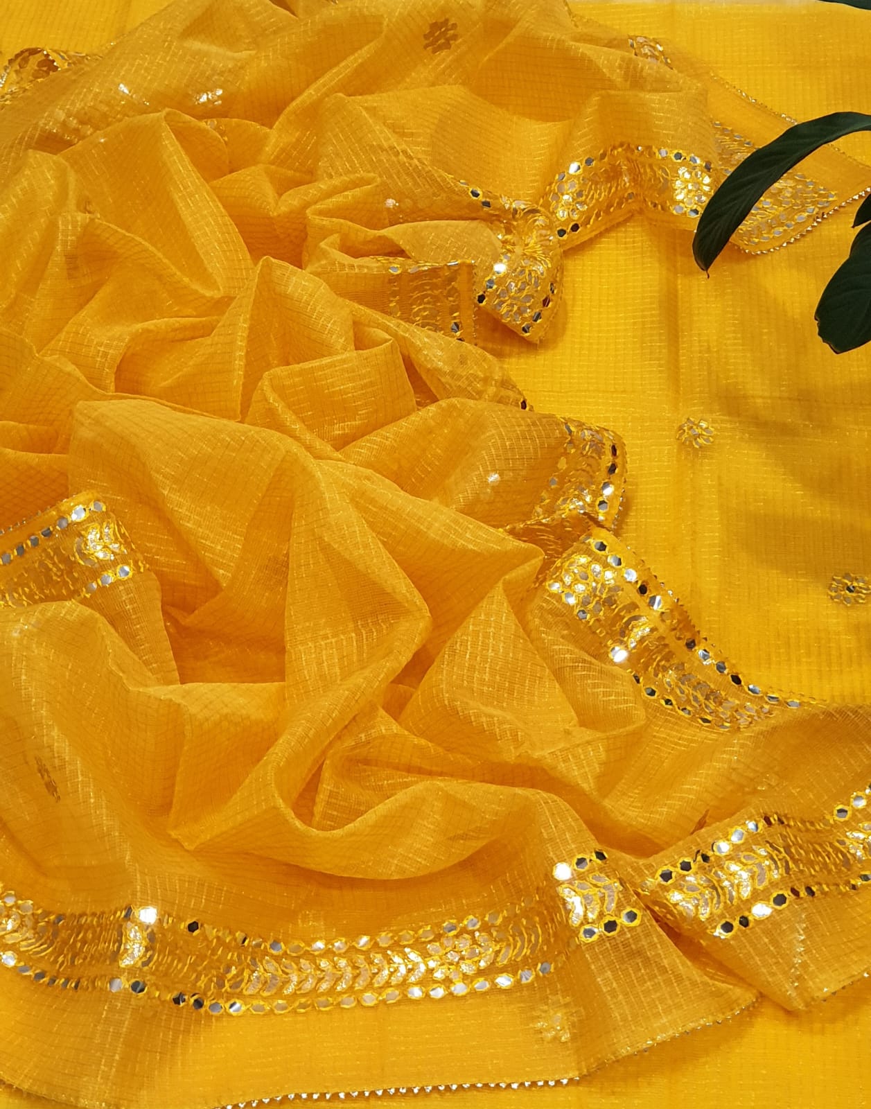 Mirror-Work 3-Piece Unstitched Suit Yellow