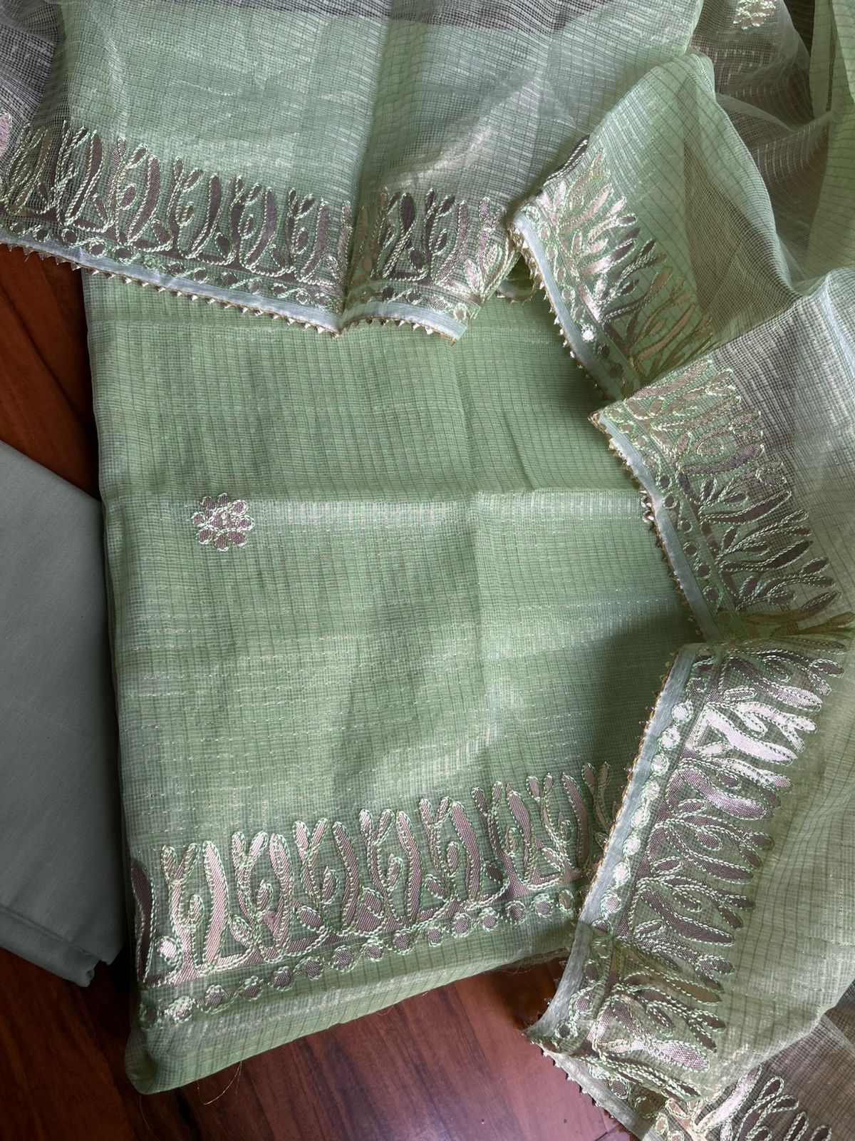 Mirror-Work 3-Piece Unstitched Suit Green