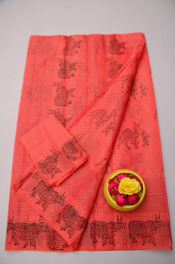 Peach Kota Doria Tissue Hand Block Print Saree with Blouse | Elegant Ethnic Wear