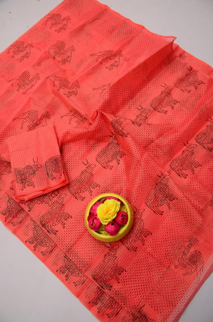Peach Kota Doria Tissue Hand Block Print Saree with Blouse | Elegant Ethnic Wear