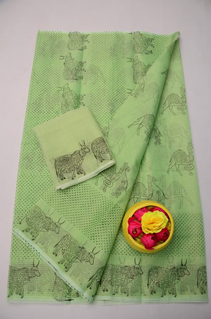 Premium Light Green Kota Doria Tissue Saree with Matching Blouse
