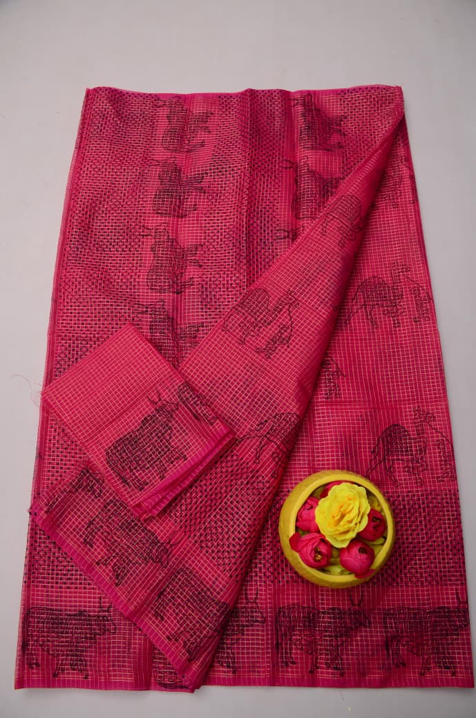 Designer Dark Pink Hand Block Print Kota Doria Tissue Saree