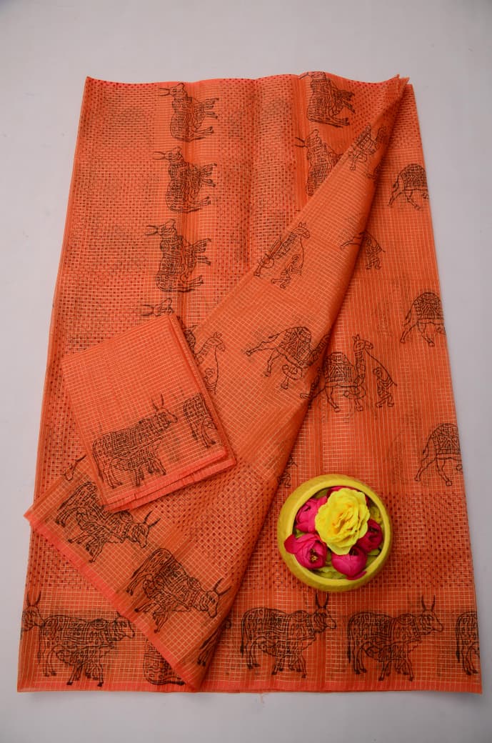 Buy Orange Kota Doria Tissue Hand Block Print Saree Online