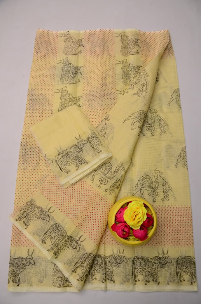 Premium Creamy Yellow Kota Doria Tissue Saree with Matching Blouse