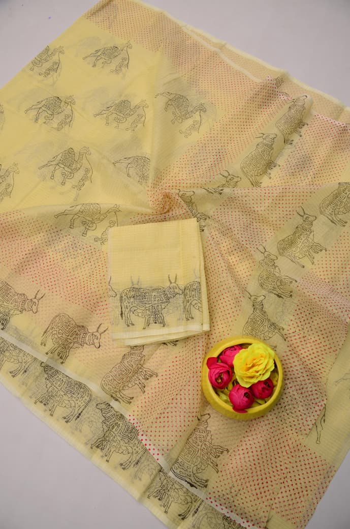 Premium Creamy Yellow Kota Doria Tissue Saree with Matching Blouse