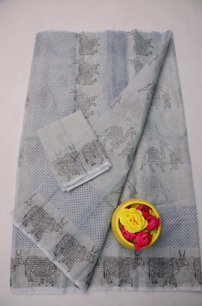 Buy Silver Grey Kota Doria Tissue Hand Block Print Saree Online