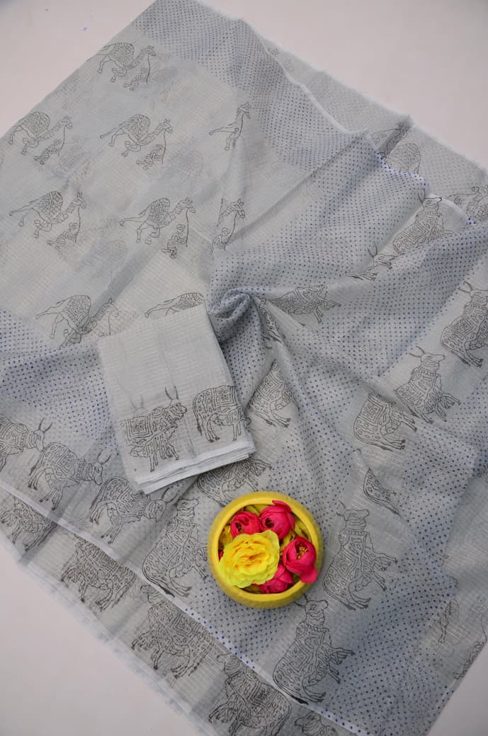 Buy Silver Grey Kota Doria Tissue Hand Block Print Saree Online