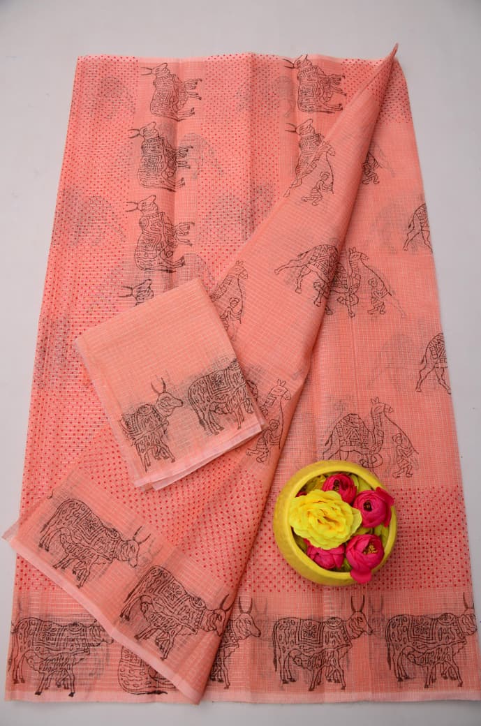 Traditional Peach Kota Doria Tissue Saree with Unstitched Blouse