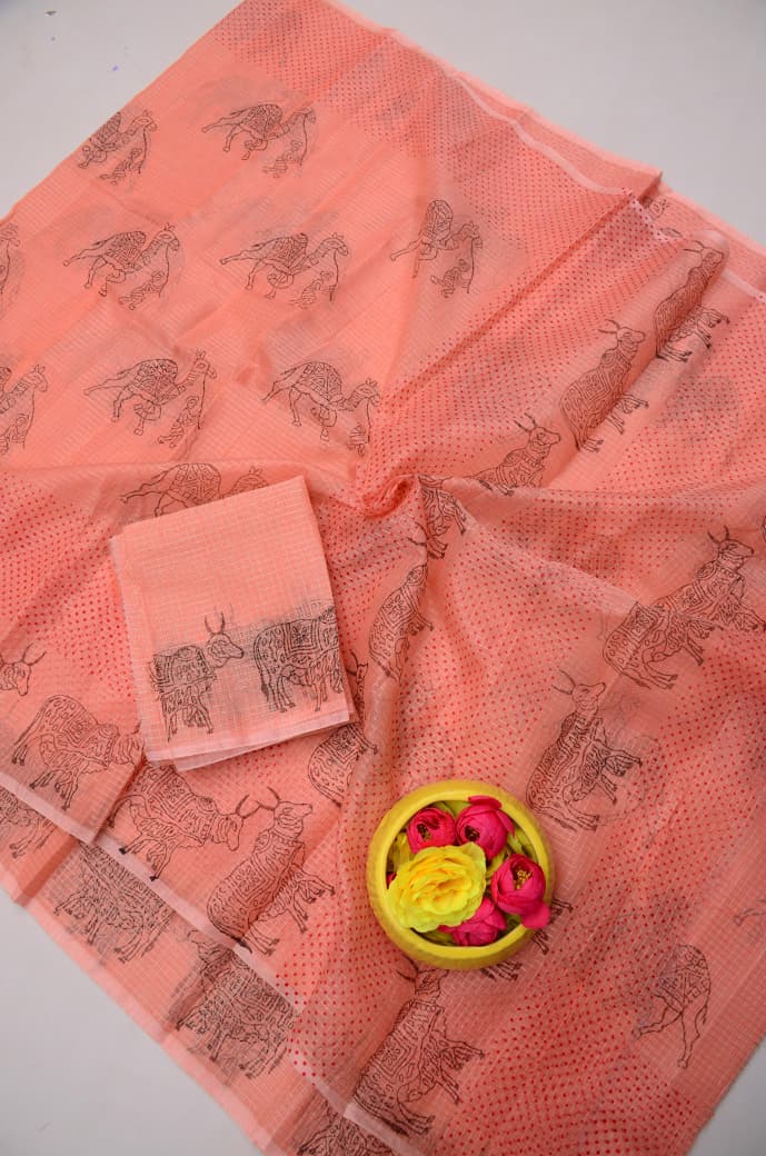 Traditional Peach Kota Doria Tissue Saree with Unstitched Blouse