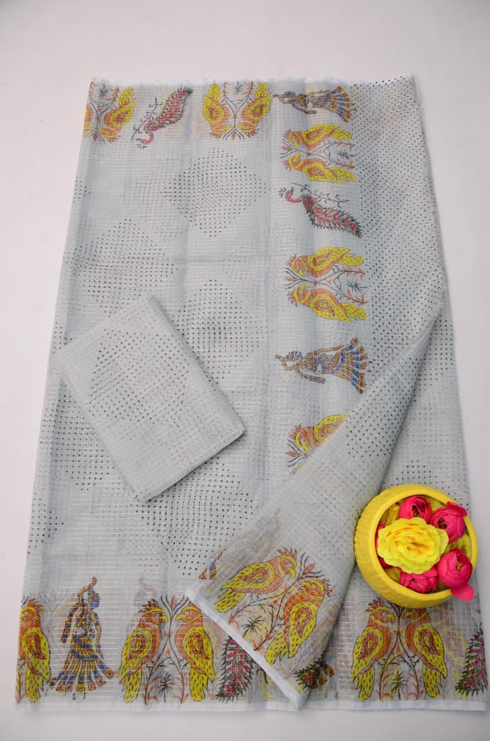 Lightweight Light Grey Kota Doria Tissue Saree | Festive Ethnic Wear