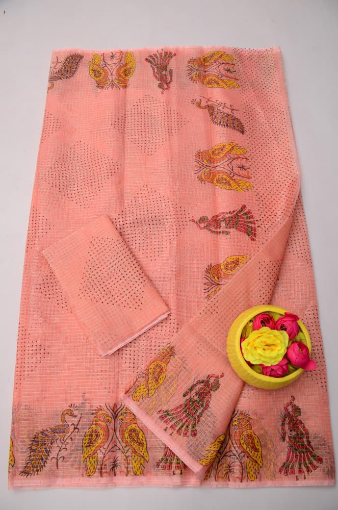 Buy Peach Kota Doria Tissue Hand Block Print Saree Online
