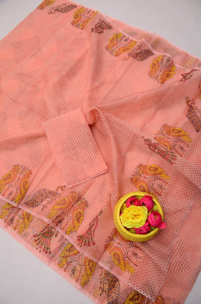 Buy Peach Kota Doria Tissue Hand Block Print Saree Online
