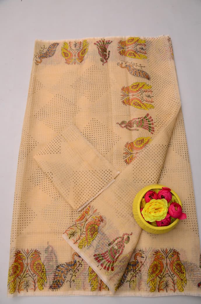 Elegant Light Beige Kota Doria Tissue Hand Block Print Saree for Women