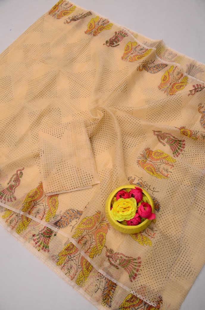 Elegant Light Beige Kota Doria Tissue Hand Block Print Saree for Women
