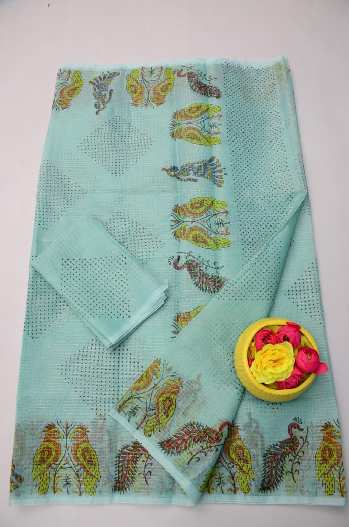 Designer Light Blue Hand Block Print Kota Doria Tissue Saree