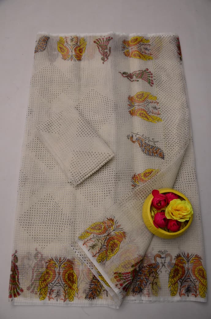 Festive Cream Kota Doria Tissue Hand Block Print Saree