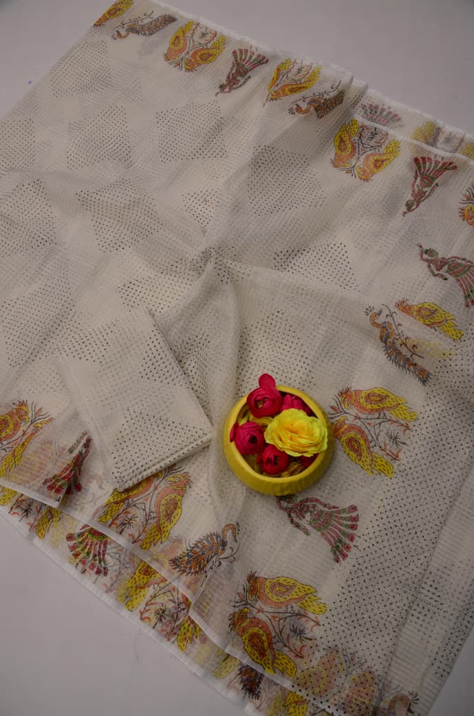 Festive Cream Kota Doria Tissue Hand Block Print Saree