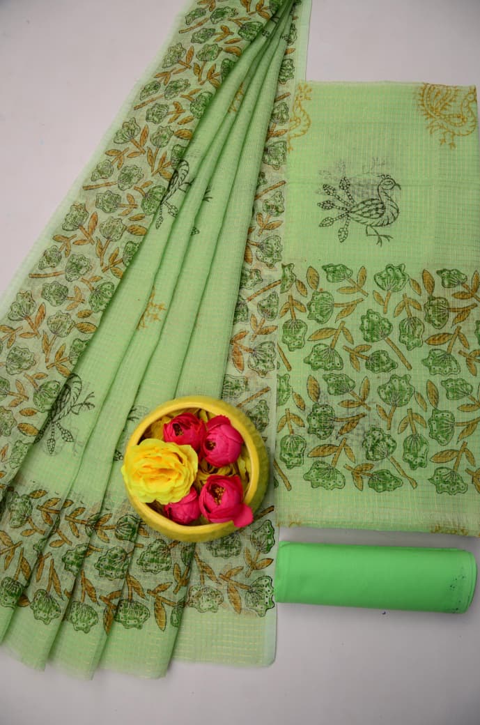 Women's Light Green Kota Doria Tissue Hand Block Print Salwar Suit Set