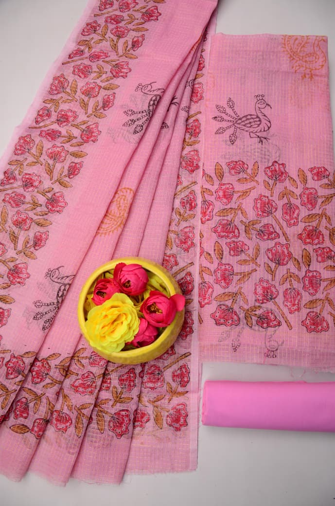 Beautiful Light Pink Kota Doria Tissue Suit Material with Hand Block Print