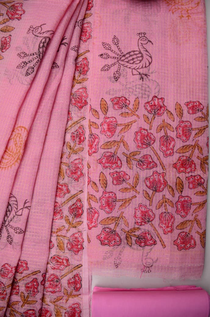 Beautiful Light Pink Kota Doria Tissue Suit Material with Hand Block Print