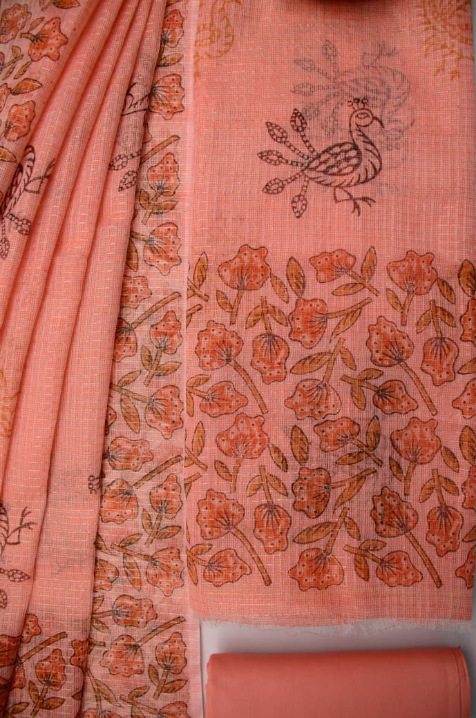 Women's Peach Kota Doria Tissue Hand Block Print Salwar Suit Set