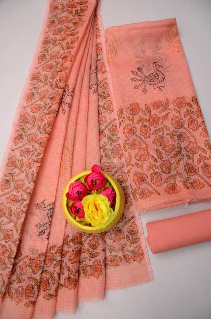 Women's Peach Kota Doria Tissue Hand Block Print Salwar Suit Set