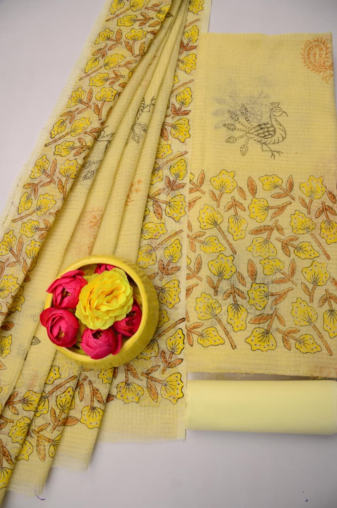 Designer Light Yellow Kota Doria Tissue Hand Block Print Suit Set