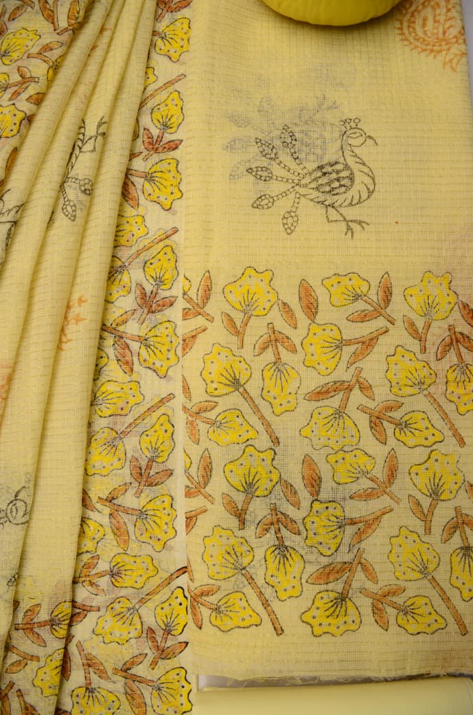 Designer Light Yellow Kota Doria Tissue Hand Block Print Suit Set