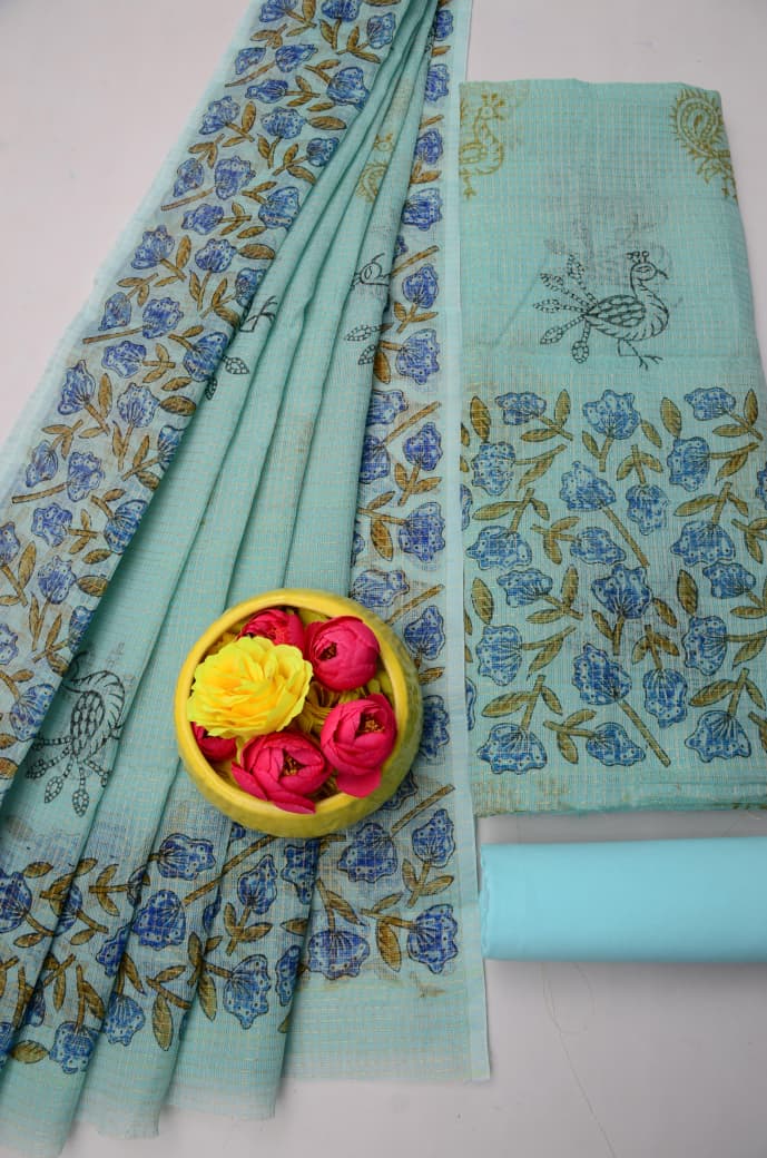 Mint Blue Kota Doria Tissue Hand Block Print Unstitched Suit Set Online
