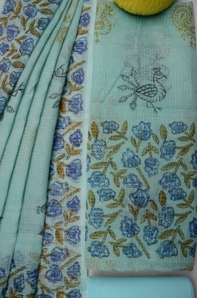 Mint Blue Kota Doria Tissue Hand Block Print Unstitched Suit Set Online
