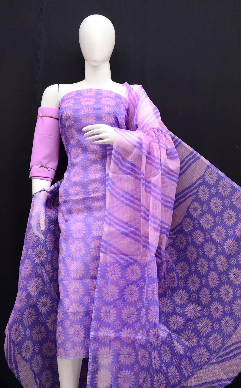Festive Wear Purple Kota Doria Printed Suit with Dupatta