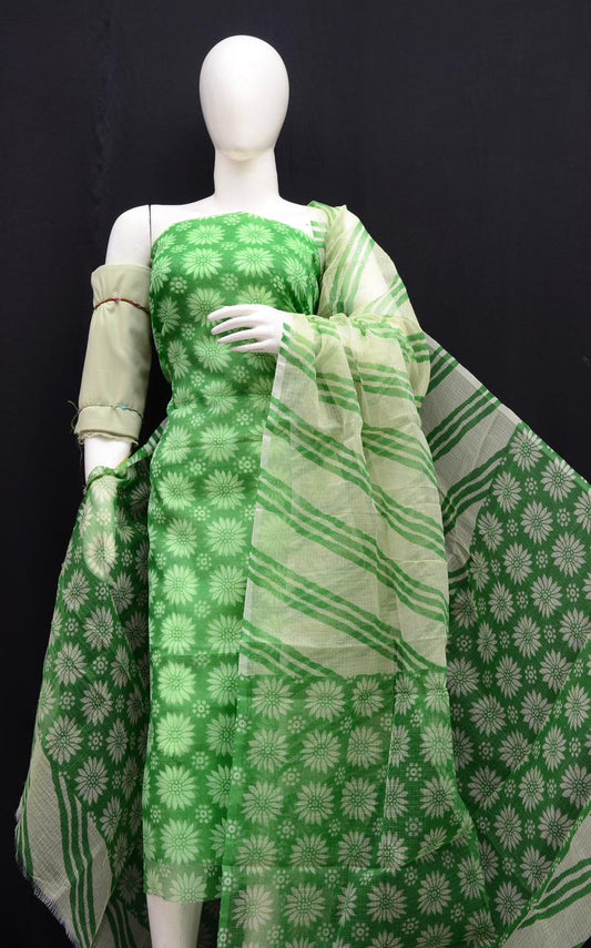 Festive Wear Leaf Green Kota Doria Printed Suit with Dupatta