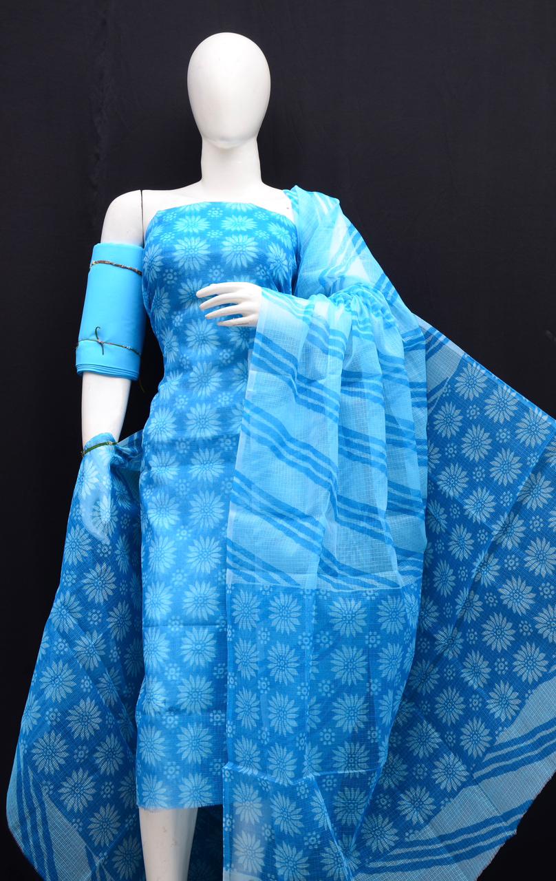 Traditional Bright Blue Kota Doria Printed Dress Material