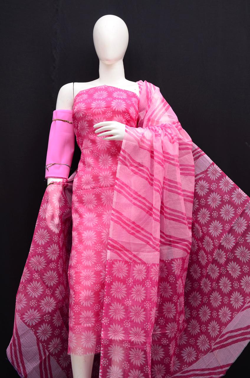 Designer Pink Kota Doria Printed Salwar Suit Set