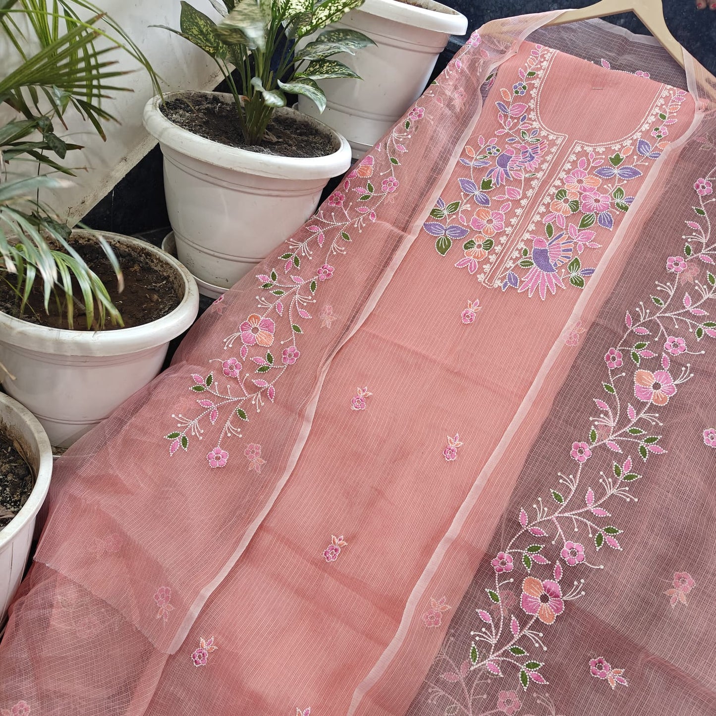 Elegant Coral Pink Kota Doria Suit with Embroidered Top Dupatta Bottom