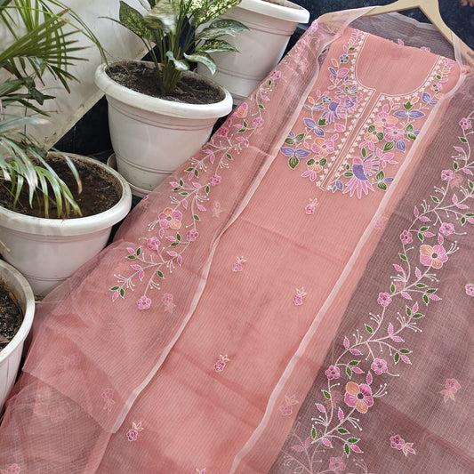 Elegant Coral Pink Kota Doria Suit with Embroidered Top Dupatta Bottom