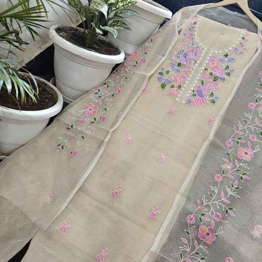 Designer Beige Kota Doria Embroidery Salwar Suit Set