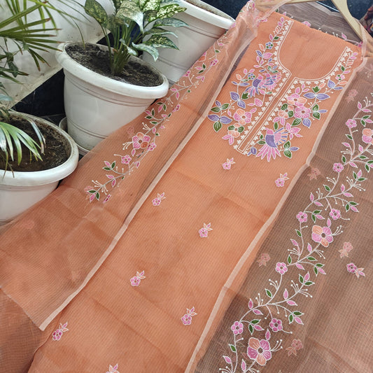 Designer Orange Kota Doria Embroidery Salwar Suit Set