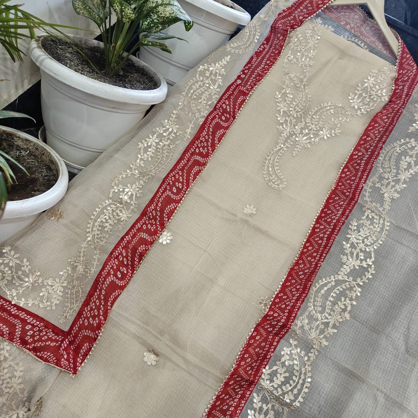 Festive Wear Beige Kota Doria Fine Gota Patti Salwar Suit Set